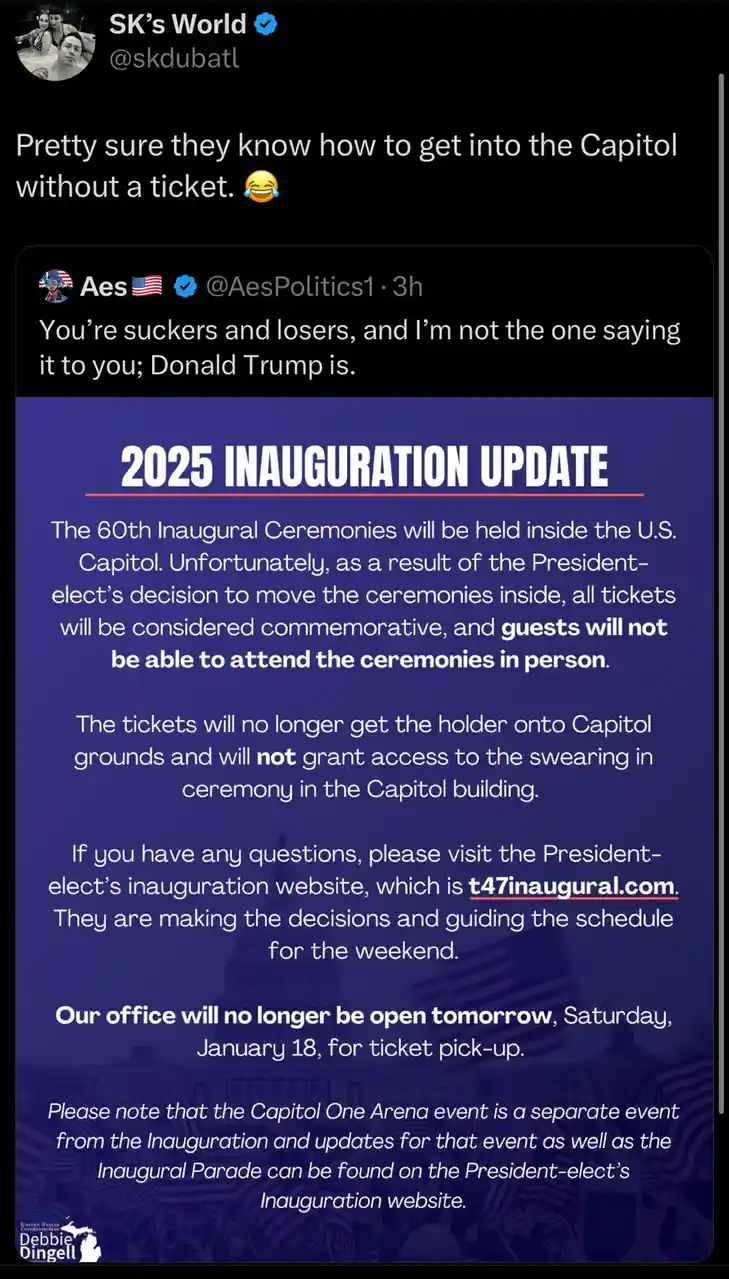 A screenshot of a tweet by 'SK's World' replying to a tweet from 'Aes' that includes a fake '2025 INAUGURATION UPDATE'…