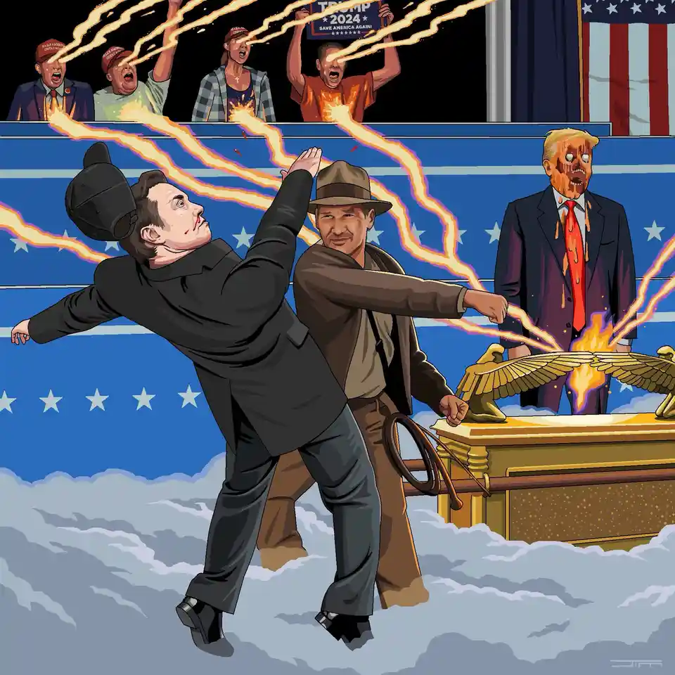 An illustrated scene shows Elon Musk, wearing a backward cap and black suit, being struck by fiery beams from above while…