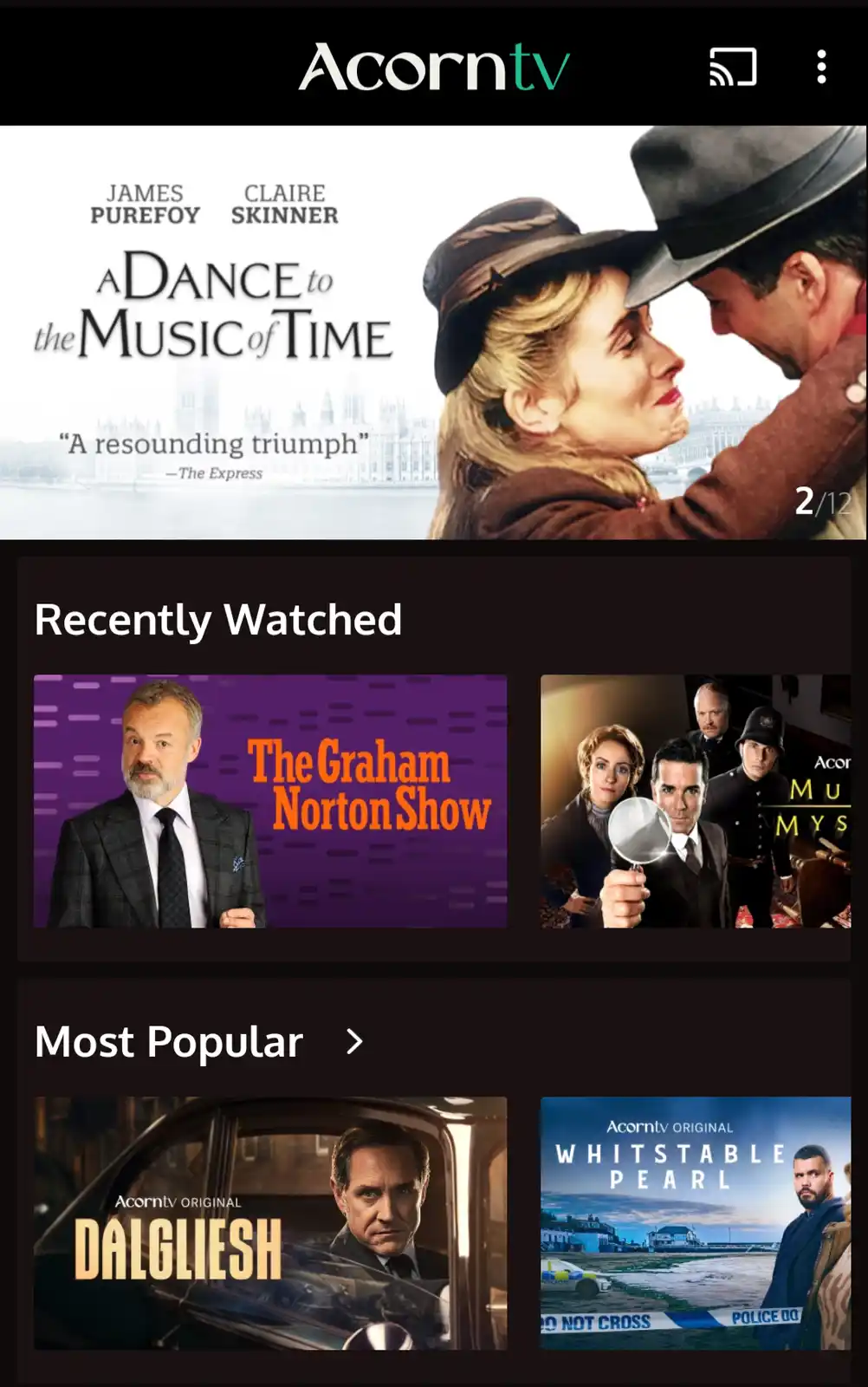 A screenshot of the Acorn TV streaming app interface showing a romantic movie poster for 'A Dance to the Music of Time'…