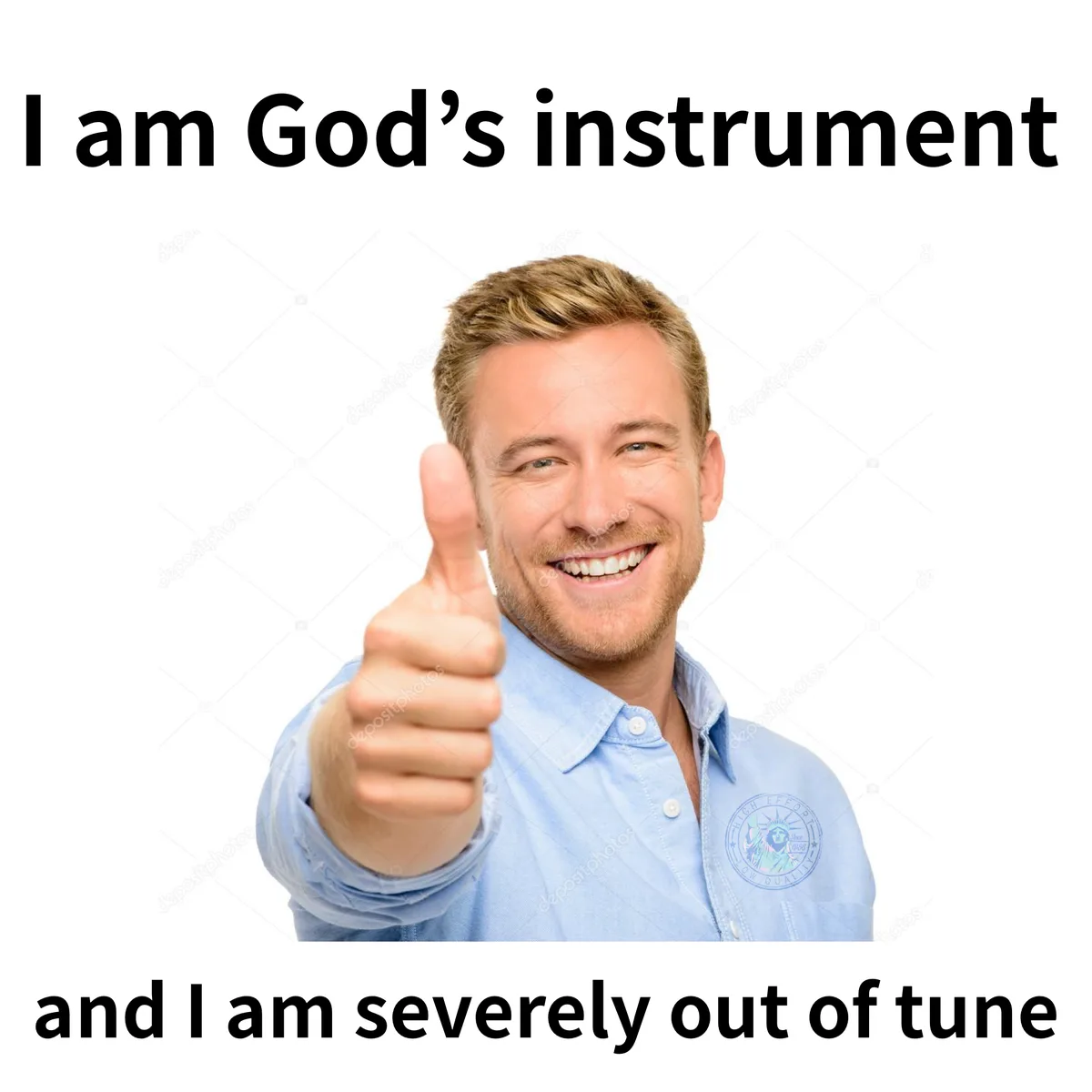 A smiling man in a light blue button-down shirt gives a thumbs-up gesture against a plain white background. Black text at…
