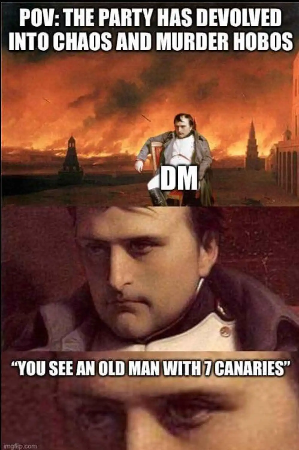 The image is a two-panel meme featuring Napoleon Bonaparte. The top panel shows him seated on a throne-like chair against a…