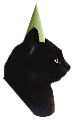 A black cat's head in profile, wearing a light green party hat, with the text 'happy birthday' overlaid. The cat has a…