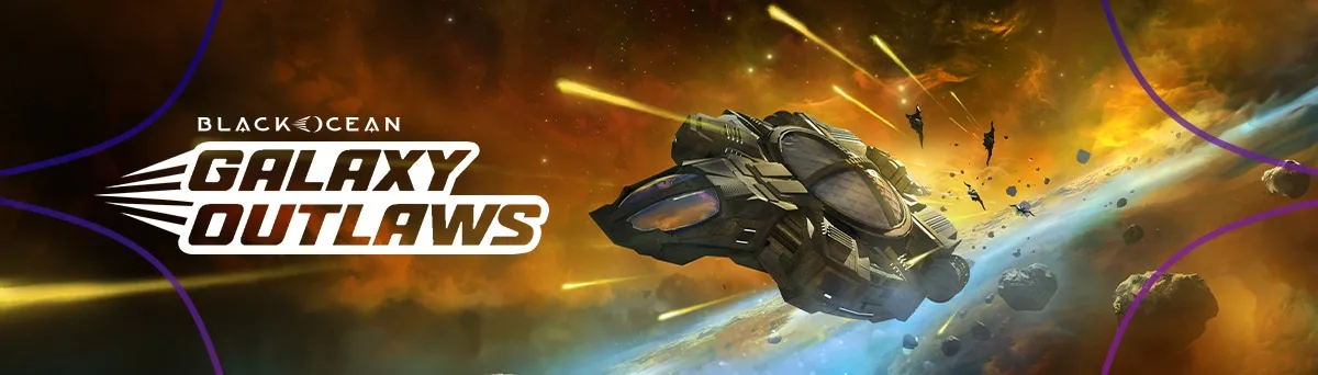 A space-themed promotional image for 'Black Ocean Galaxy Outlaws' shows a large spaceship firing yellow lasers at smaller…