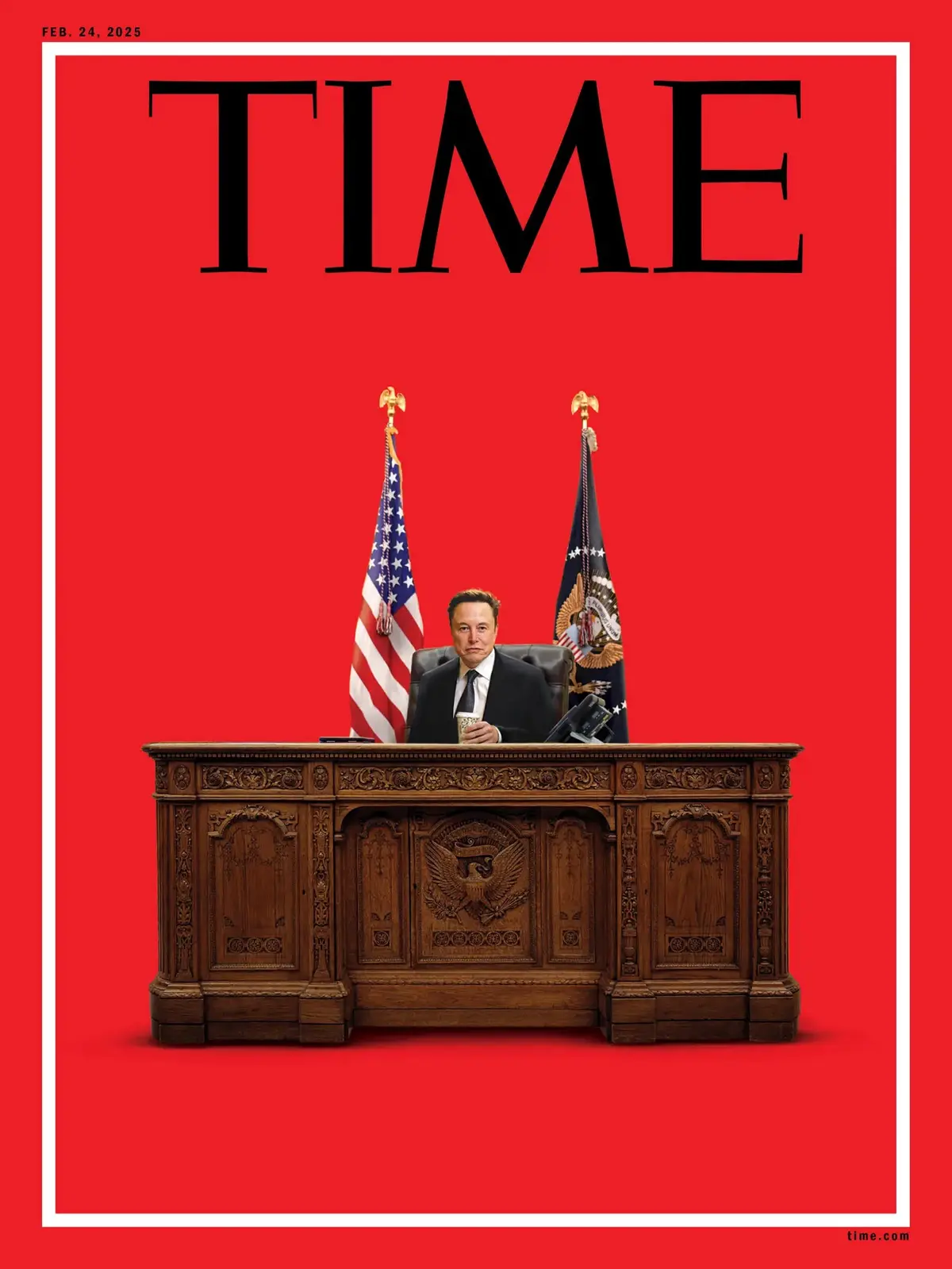 A digitally altered image mimicking a TIME magazine cover dated February 24, 2025, features Elon Musk seated at a…