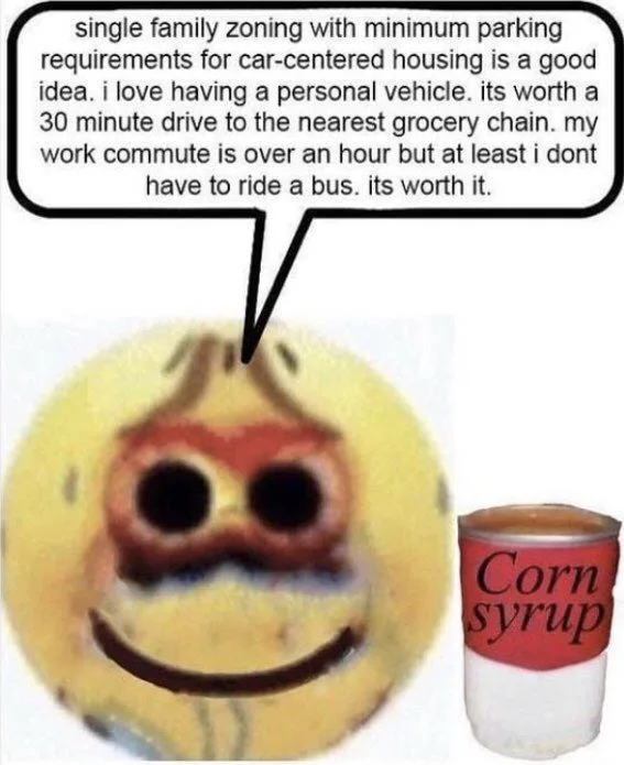 A blurry, yellow, smiling emoji face with a red nose and mustache is shown next to a can labeled 'Corn syrup'. A speech…