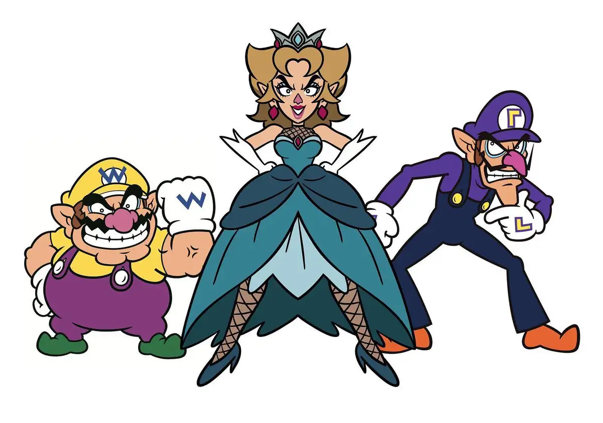 The image shows three cartoon characters: Wario on the left in a yellow cap and purple overalls, Princess Peach in the…