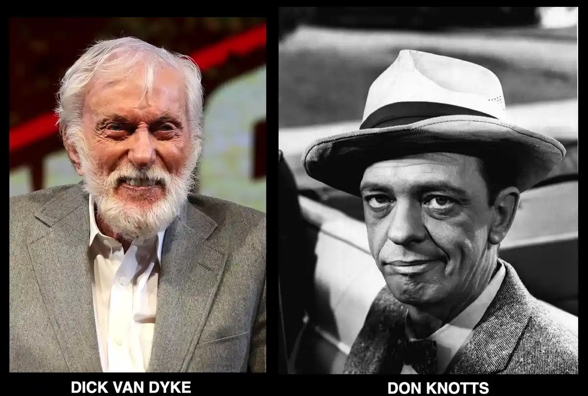 The image displays two side-by-side portraits: on the left, a color photo of Dick Van Dyke, an older man with white hair and…