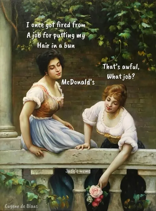 A classical painting depicts two women in period attire conversing on a stone balcony. The woman on the left says, 'I once…