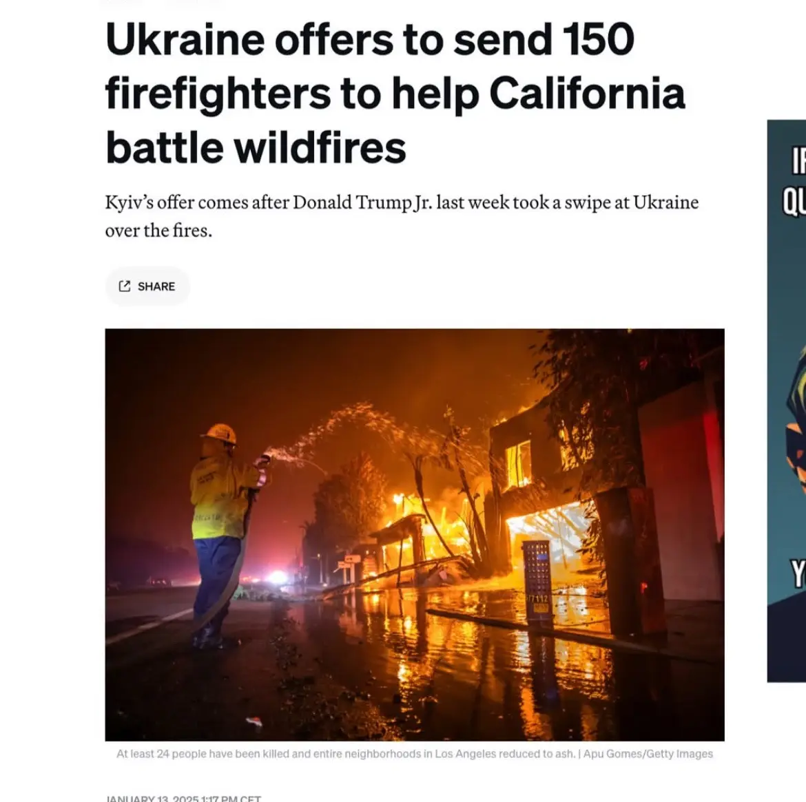 A news article screenshot shows a firefighter spraying water on a burning building at night, with the headline 'Ukraine…