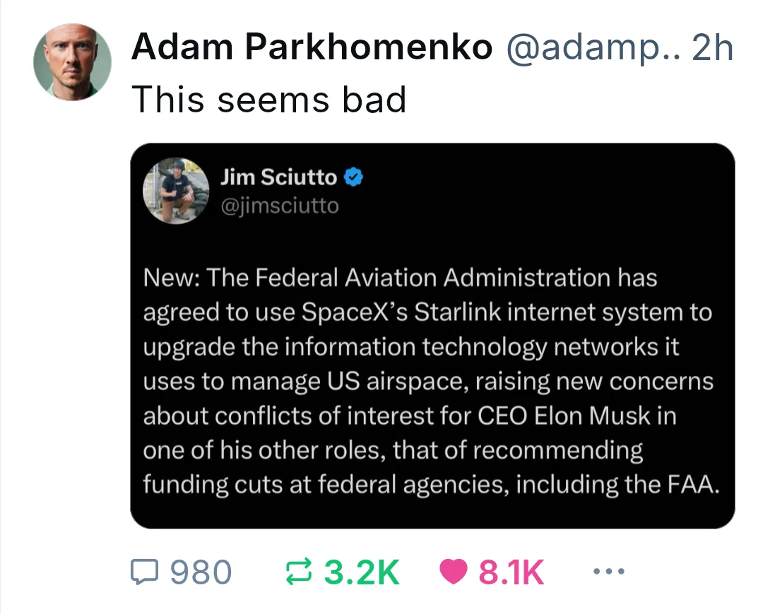 A screenshot of a tweet by Adam Parkhomenko replying to a tweet by Jim Sciutto. Sciutto's tweet announces the FAA will use…