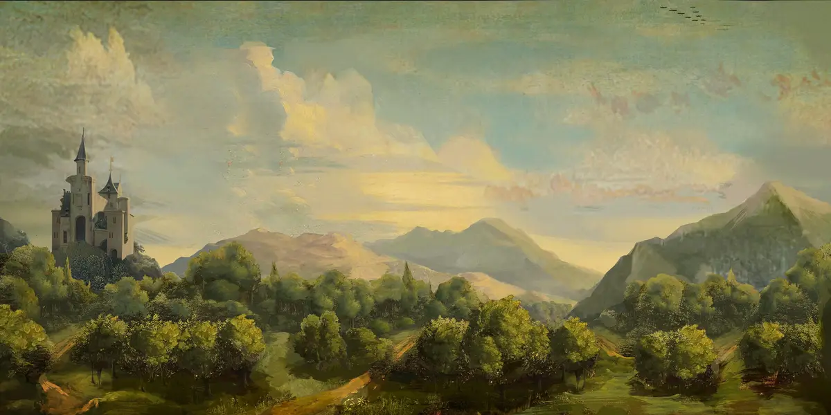 A painterly fantasy landscape shows a castle perched on a hill amidst forests and mountains under a cloudy sky. Overlaid…