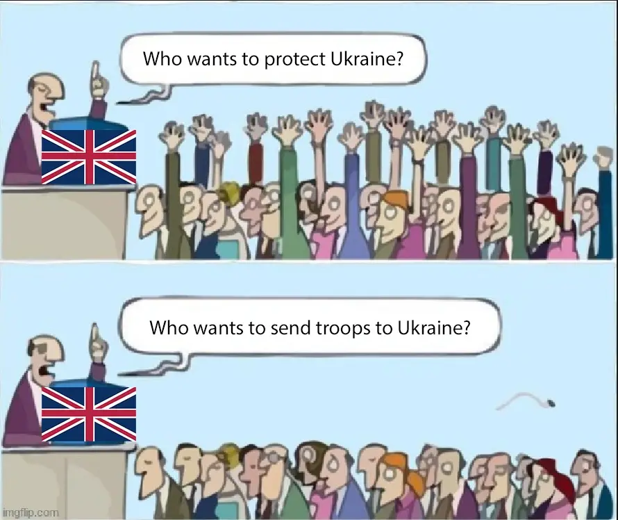 A two-panel cartoon shows a speaker at a podium with a Union Jack flag asking 'Who wants to protect Ukraine?' in the first…