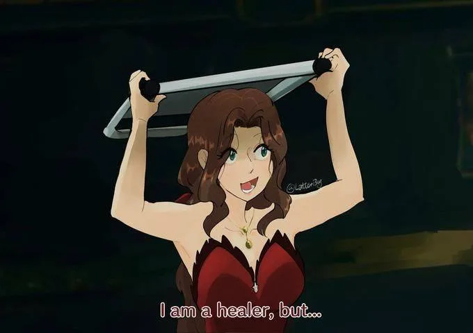 An anime-style woman with brown hair and green eyes, wearing a red dress, holds a large silver sword above her head with…