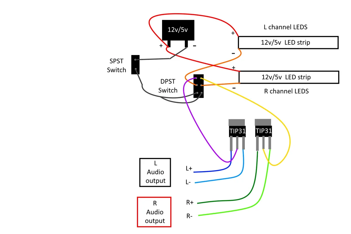 A schematic diagram shows a complex wiring setup with an SPST switch, a DPST switch, two TIP31 transistors, and two LED…