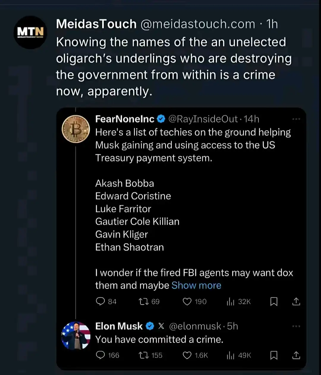 A screenshot of a Twitter thread shows a tweet listing names of techies allegedly helping Musk access the US Treasury…