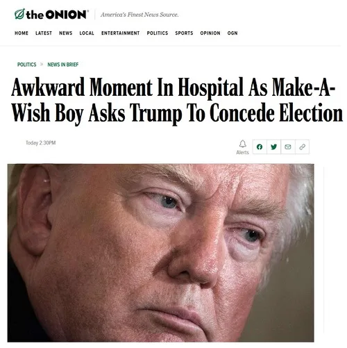 A screenshot of a satirical news article from The Onion, featuring a close-up photo of Donald Trump with a somber…