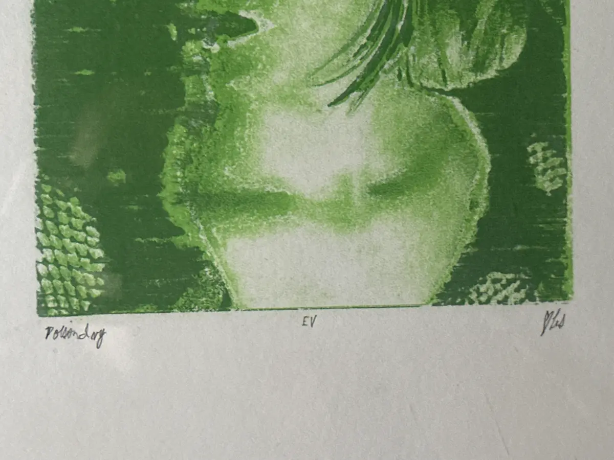 A green woodcut print shows a stylized, abstract face with a large, round, light-green cheek and dark green shading. The…