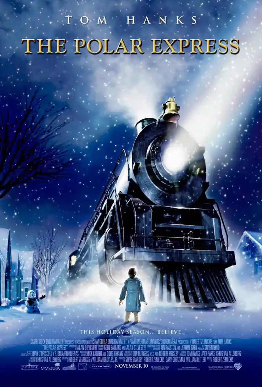 The image is a movie poster for 'The Polar Express' starring Tom Hanks, showing a large steam train with glowing headlights…