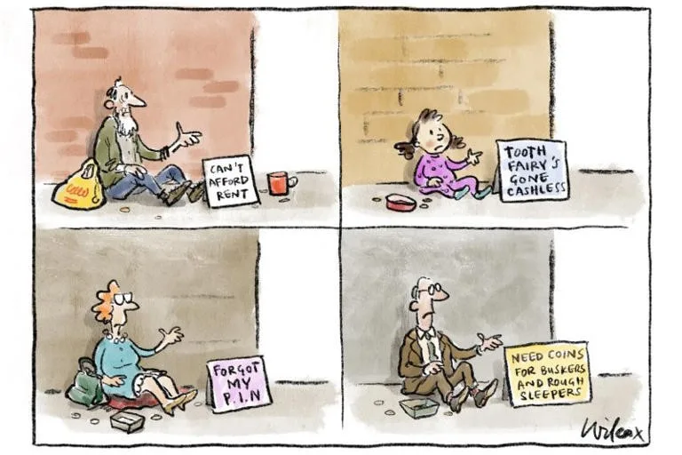 A four-panel comic strip shows four different homeless people sitting on the ground with signs explaining their situation…