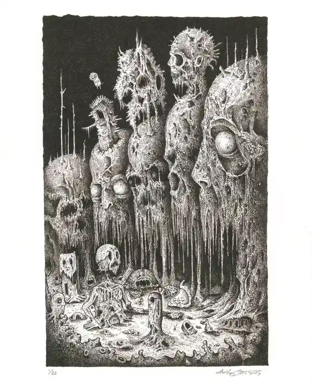 A black-and-white etching depicts a grotesque, surreal landscape filled with melting, spiky, and decaying humanoid figures…