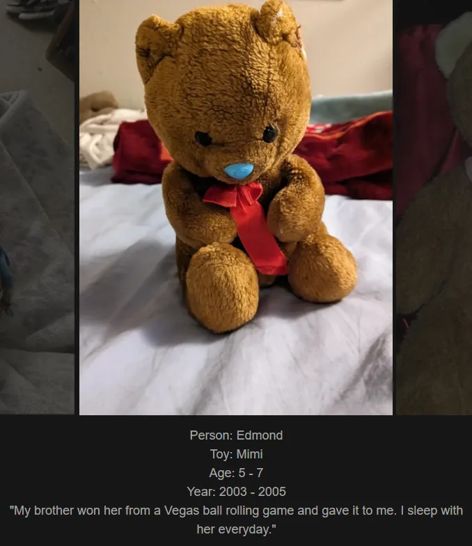 A brown teddy bear with a red ribbon sits on a white bedsheet, with text overlay identifying it as 'Mimi,' a toy owned by…