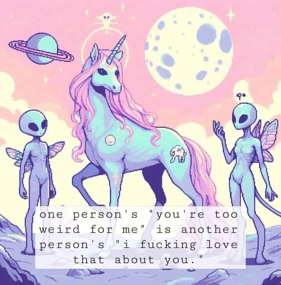 A pixel-art image shows a teal unicorn with a pink mane and horn standing between two alien figures with wings. The…