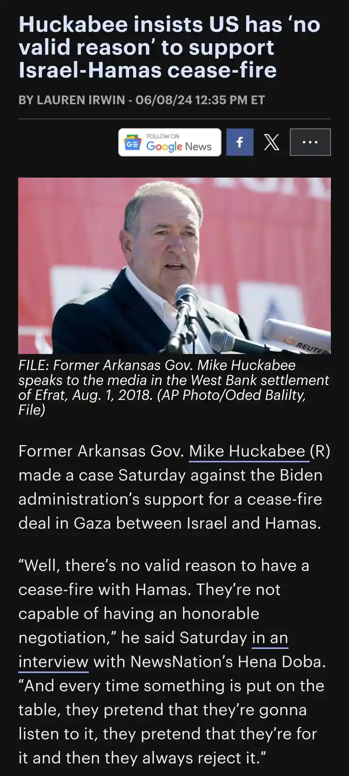 A screenshot of a news article featuring a photo of former Arkansas Governor Mike Huckabee speaking at a podium with…