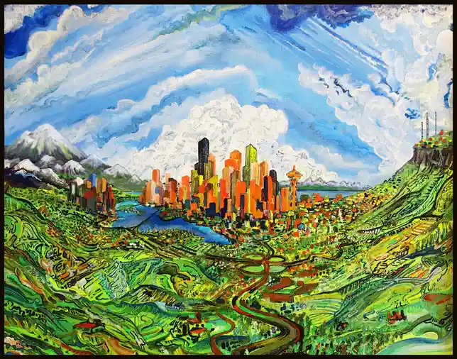 A vibrant, painterly depiction of Seattle with its skyline nestled between lush green hills, a river winding through the…
