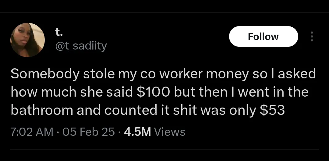 A screenshot of a tweet from user @t_sadiity shows a black background with white text. The tweet reads: 'Somebody stole my…