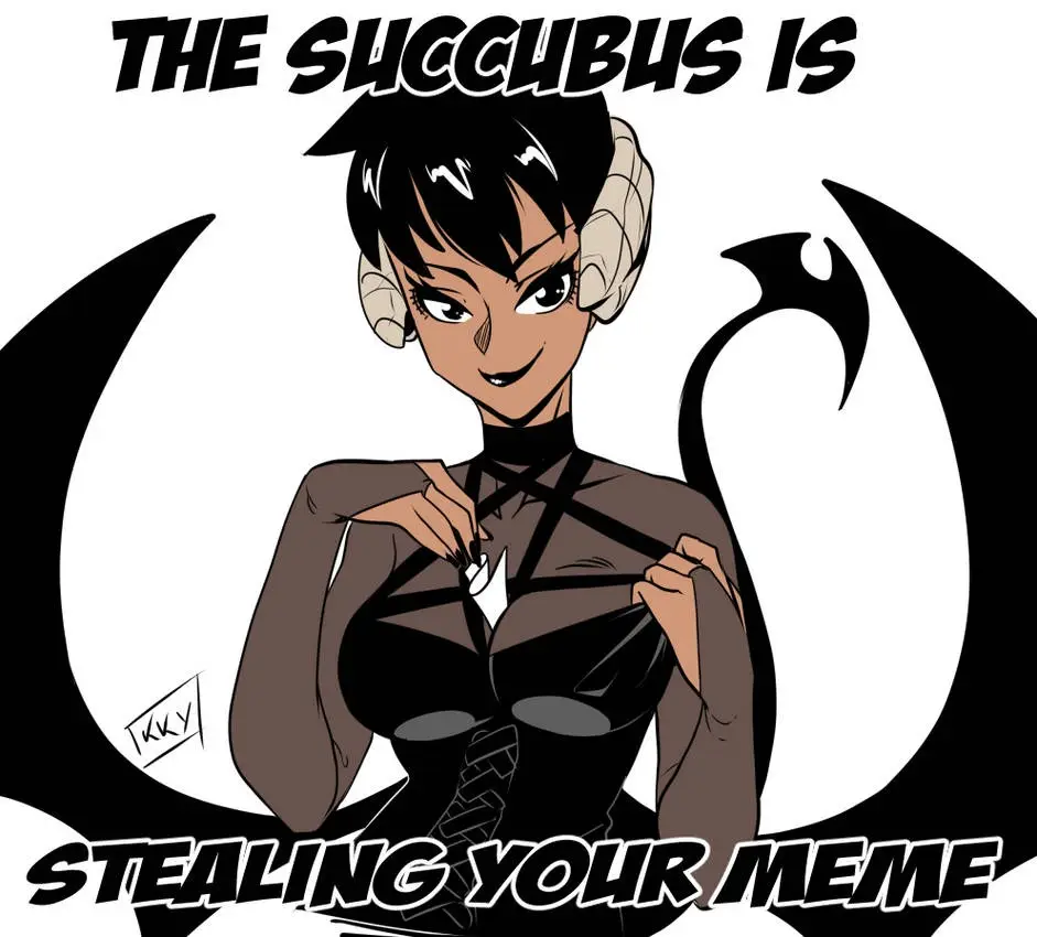 A cartoon illustration of a female succubus with black hair, horns, and a tail, wearing a revealing outfit and smiling while…