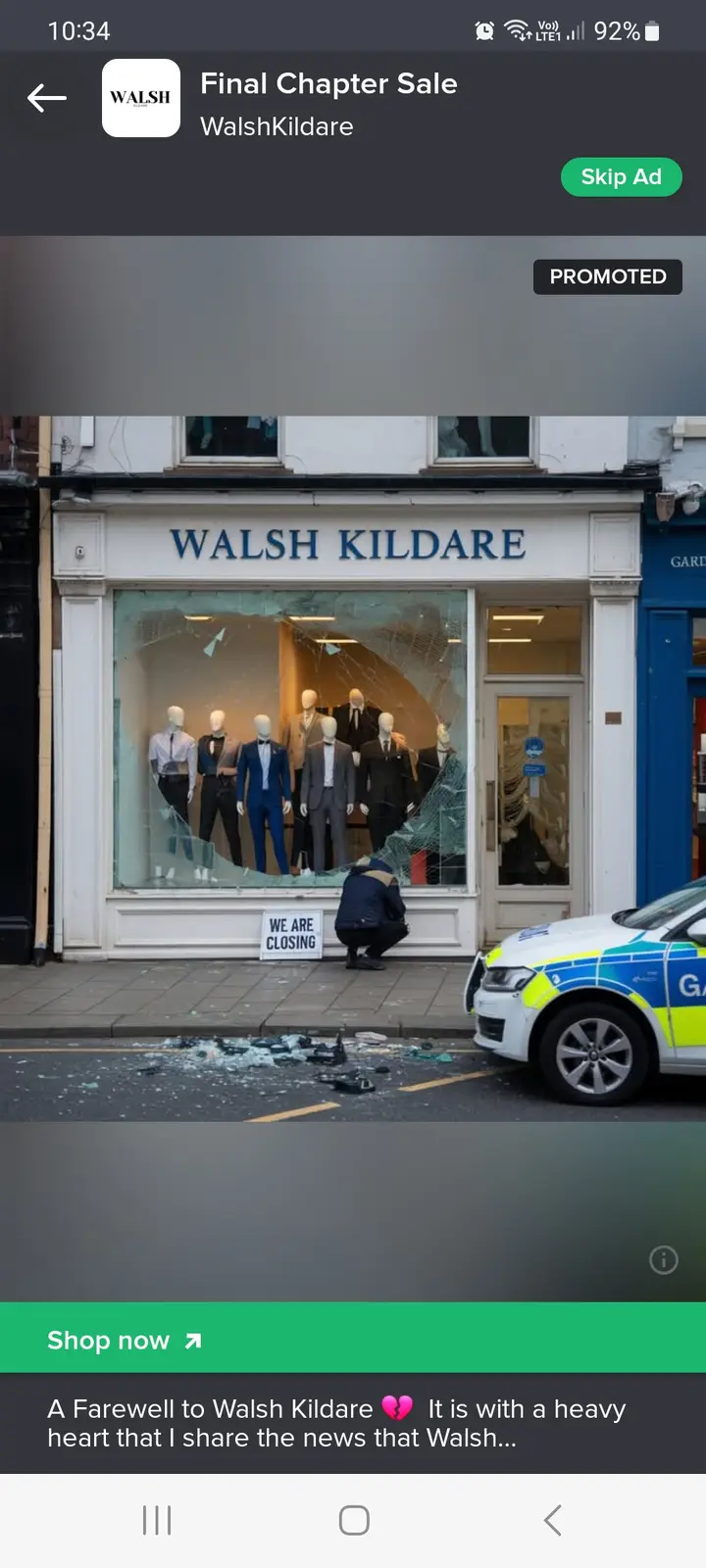 A promotional ad for Walsh Kildare's 'Final Chapter Sale' uses a photo of a shattered storefront with mannequins inside and…