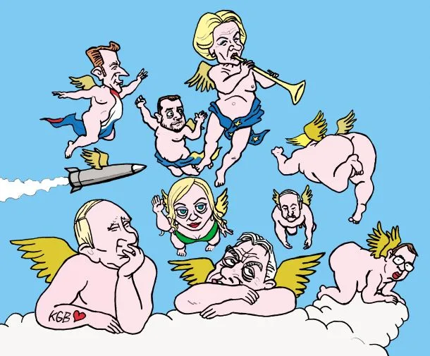 A cartoon depicts several caricatured figures with angel wings floating in the sky above clouds. Among them are Hillary…