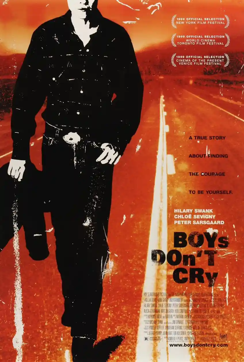 The image is a movie poster for 'Boys Don't Cry' featuring a black silhouette of a person walking down a road against an…