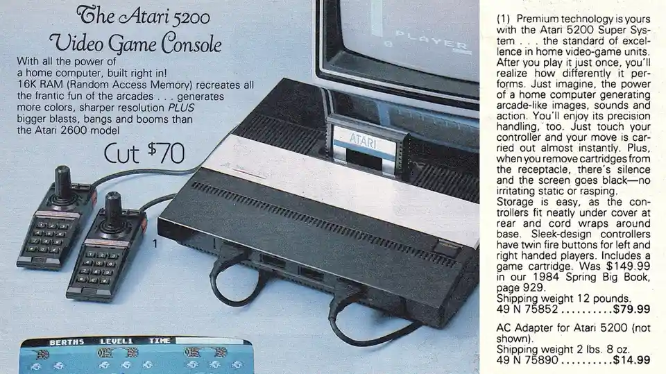 An old advertisement for the Atari 5200 video game console shows the console, two controllers, and a TV screen displaying a…