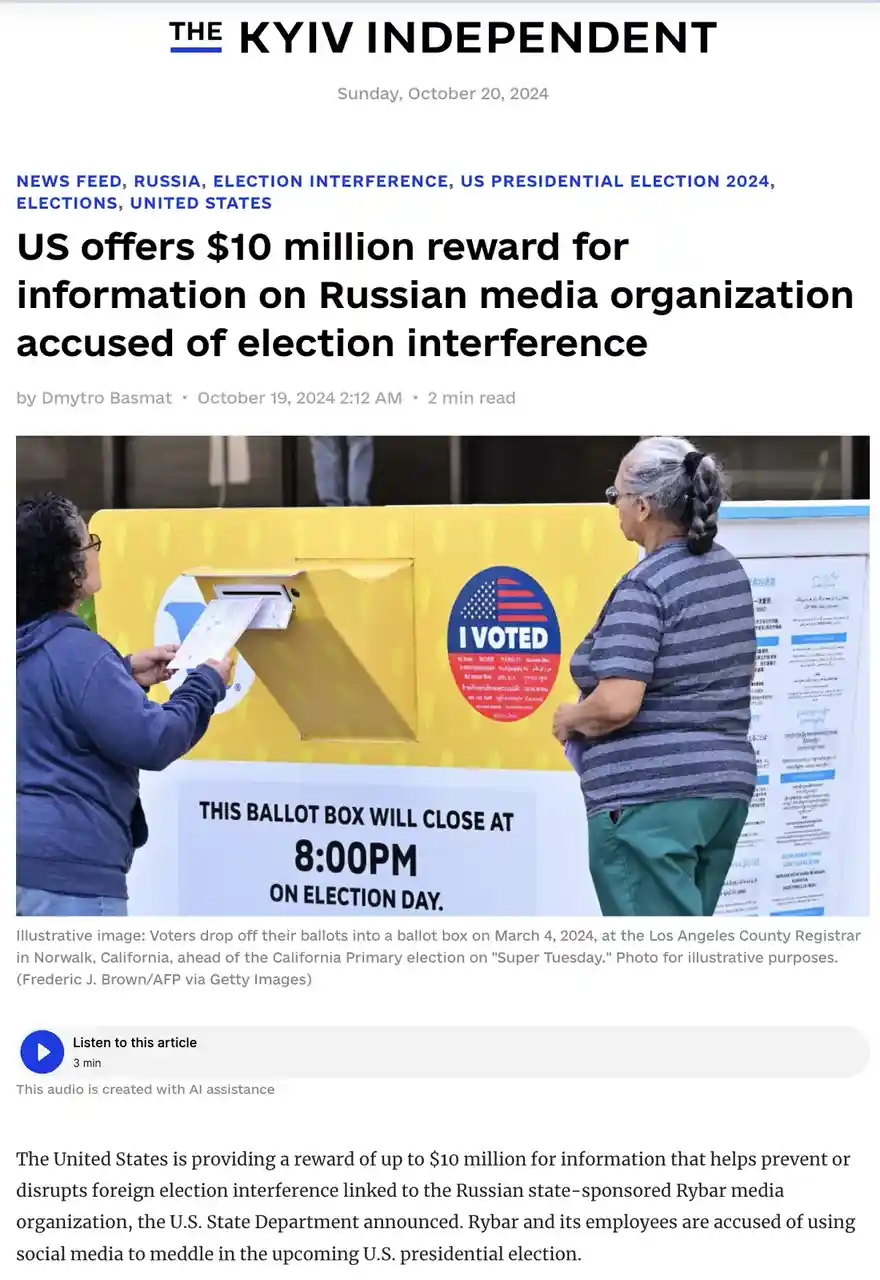 A screenshot of a news article from The Kyiv Independent dated October 20, 2024, featuring a photo of two women at a yellow…