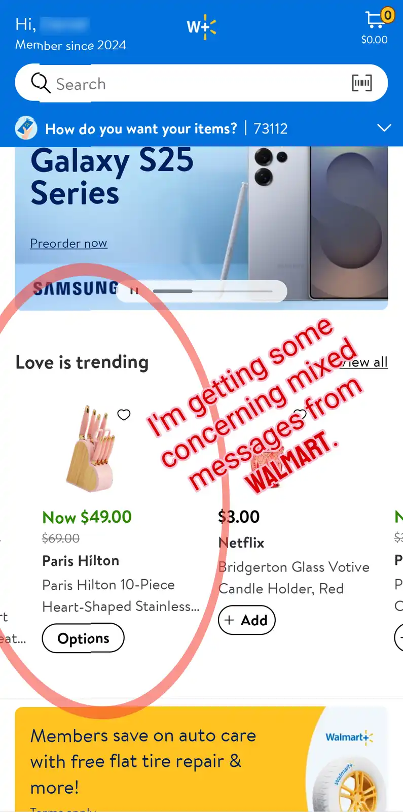 A screenshot of the Walmart+ mobile app shows a 'Love is trending' section with a Paris Hilton branded heart-shaped knife…
