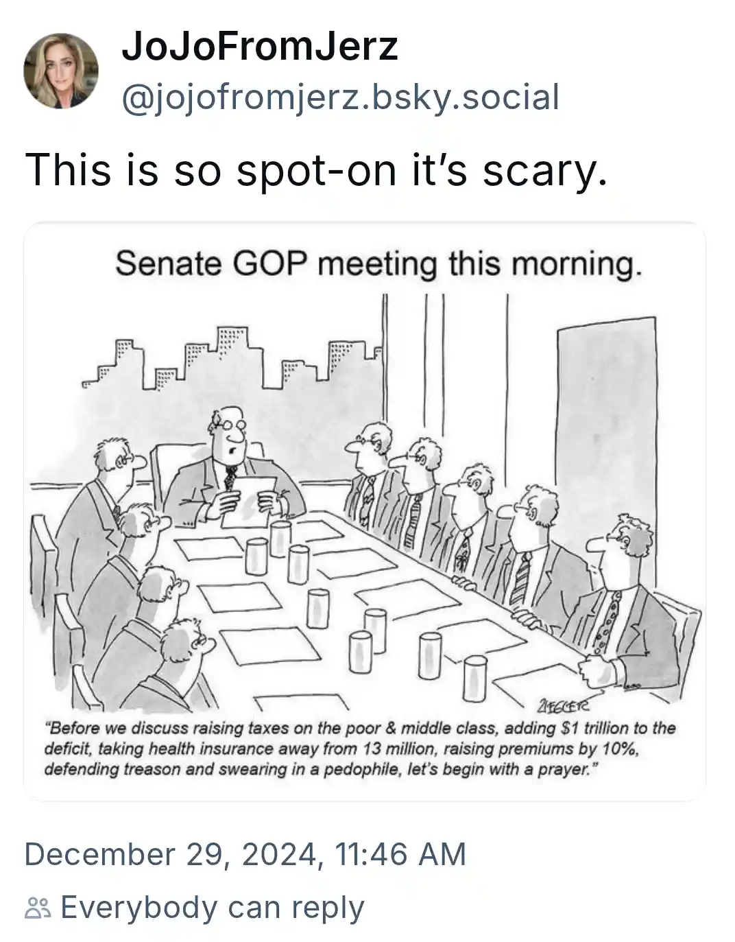 A black-and-white political cartoon depicts a Senate GOP meeting with a long table and multiple men in suits. The man at the…