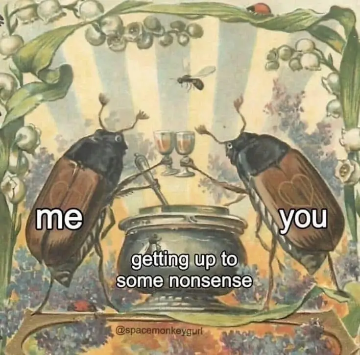 Two anthropomorphic beetles are depicted in a vintage-style illustration, clinking wine glasses over a cauldron in a garden…