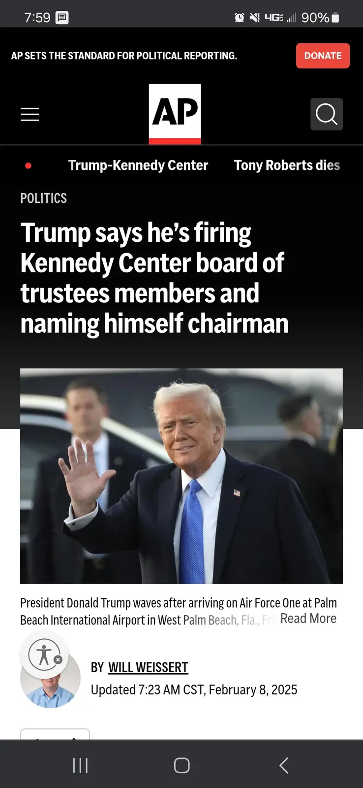 A screenshot of an Associated Press news article from February 8, 2025, shows a photo of Donald Trump waving while wearing a…