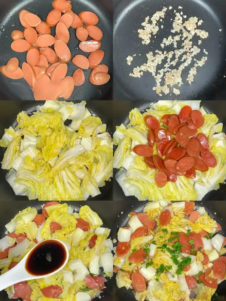 A six-panel grid shows the step-by-step cooking process of stir-frying baby bok choy with sliced sausages. The panels…