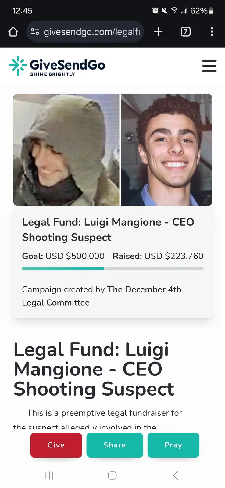 A screenshot of a GiveSendGo fundraising page for Luigi Mangione, showing two photos: one blurry image of him in a hoodie…