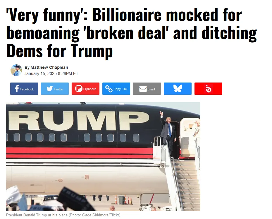 A screenshot of a news article with a headline reading 'Very funny': Billionaire mocked for bemoaning 'broken deal' and…