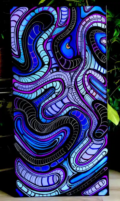 A vibrant, abstract painting featuring swirling, serpentine forms in shades of blue, purple, and black, with one prominent…