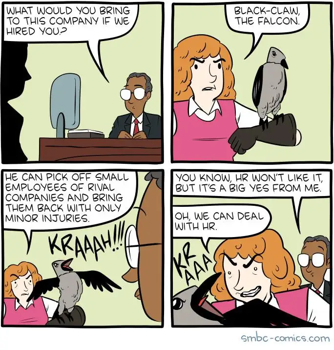 A four-panel comic shows a job interview where a candidate presents a falcon named 'Black-Claw' as their asset. The falcon…