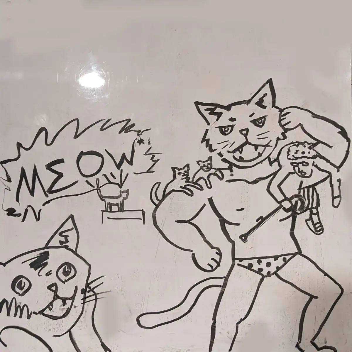 A black-and-white drawing shows a large, muscular cat-like humanoid with a menacing expression, holding a small child in one…