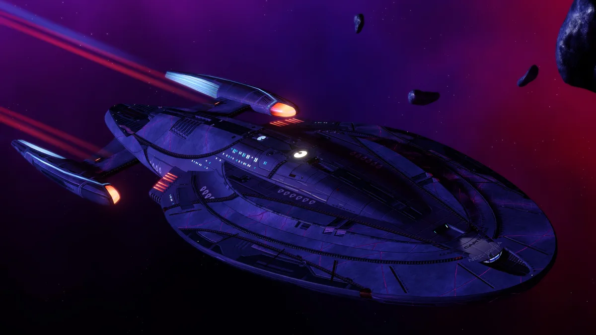 A detailed image of a Starfleet starship, identified as the U.S.S. CAPITOLINE NCC-92624, flying through space with glowing…