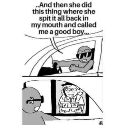 A two-panel black-and-white comic strip. Top panel: A person wearing sunglasses drives a car, speaking to someone outside…