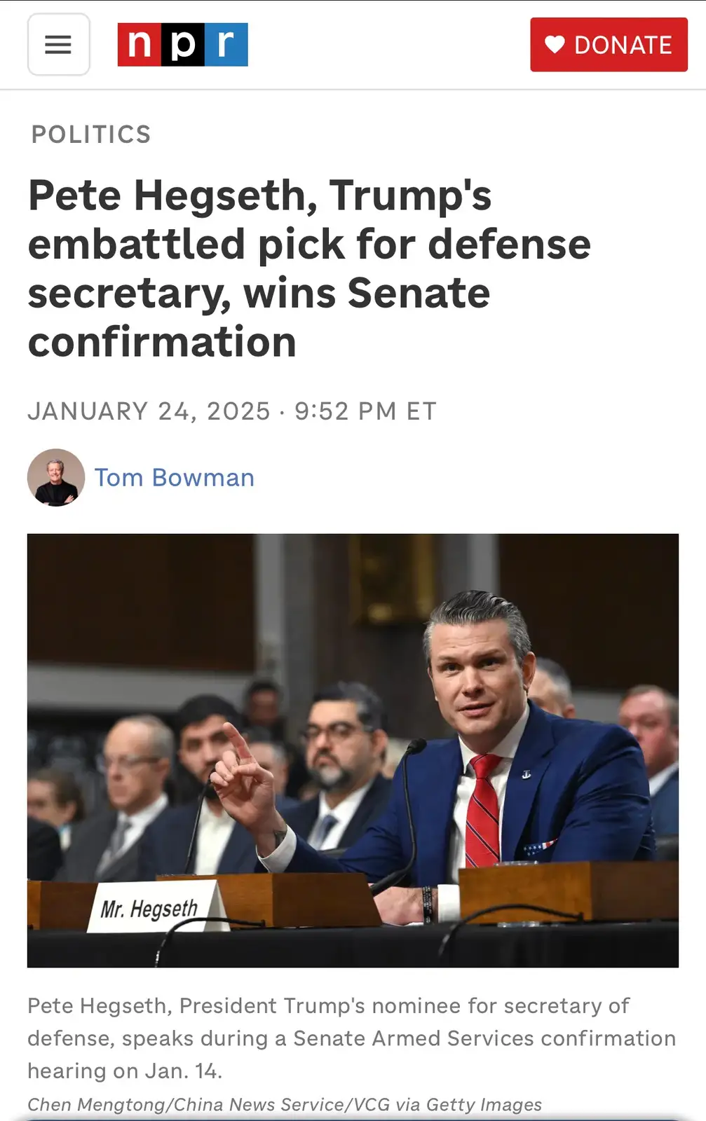 A screenshot of an NPR news article from January 24, 2025, showing a photo of Pete Hegseth speaking at a Senate confirmation…