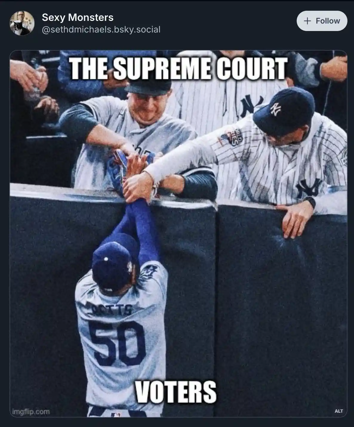 Two baseball players in pinstripe uniforms lean over a dugout railing, holding the hands of a third player in a blue uniform…