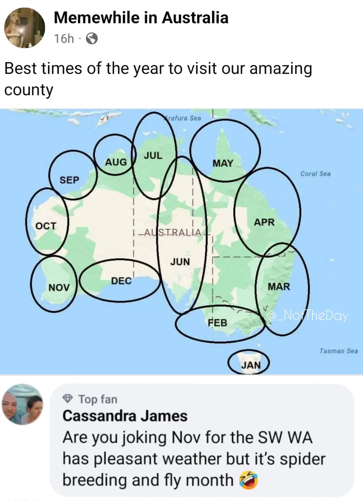 A map of Australia with circles drawn around it, each labeled with a month of the year, humorously suggesting all months are…